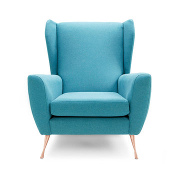 Upholstered Wingback Accent Wing Chair with Copper Feet Isolated on White Background. Front View of Modern Teal Club Armchair with Upholstered Wings. Interior Furniture. Brushed Plain Fabric Armchair
