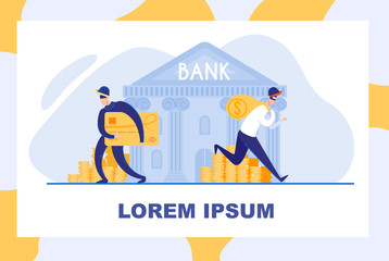 Two Experienced in Knocking Over Banks Burglars, Wearing Masks, Stealing Wealth and Identity. Thieves, Making off with Credit Card and Sack, Full Money. Conceptual Banner with Copy Space.