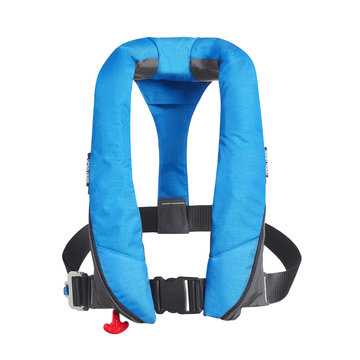 Blue Lifejacket Isolated On White Background. Front View Of  Inflatable Life Jacket. Coast Guard PFD Personal Flotation Device. Childrens Cork Jacket. Buoyancy Aid Or Flotation Suit