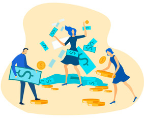 Cartoon Office Workers and Cash Coins and Banknote. Man and Women Standing under Money Rain, Holding Currency in Hands. Successful Business, Financial Income and Profit. Vector Flat Illustration