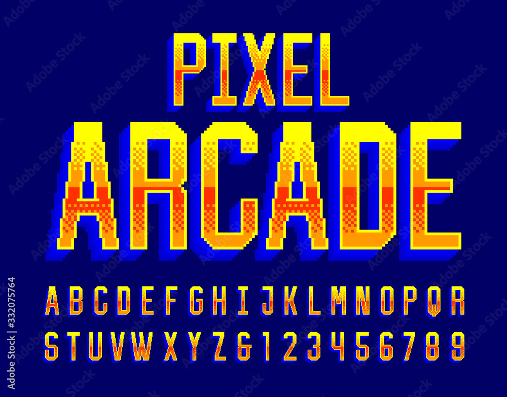 Fototapete pixel arcade alphabet font. digital 3d effect letters and numbers. 80s arcade video game typescript.
