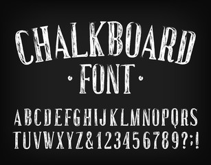 Chalkboard alphabet font. Hand drawn serif letters, numbers and symbols. Stock vector typescript for your design.