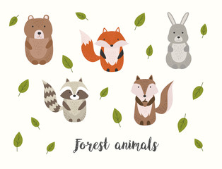Naklejka premium animal, forest, forest animals, fox, squirell, bear, badger, wood, simple, rabbit, minimalistic, children, cartoon, cute, illustration, icon, leaves, baby, rabbit