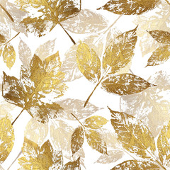 Floral seamless pattern with gold leaves. Hand drawn style. Colourful background for cards, paper, textile, decoration and wrapping.