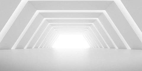 Abstract of white concrete tunnel with the light cast shadow on the wall ,Geometric structure,Perspective of brutalism  architecture,Museum space design. 3d rendering.	