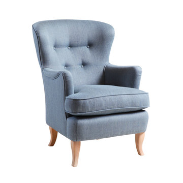Upholstered Blue Wing Chair With Wooden Feet Isolated On White Background. Side View Of Modern Wingback Accent Club Armchair With Upholstered Wings And Armrests. Interior Furniture