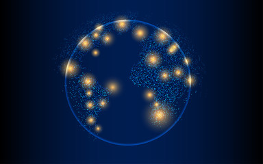 Vector world map illustration with orange glowing points dotted land