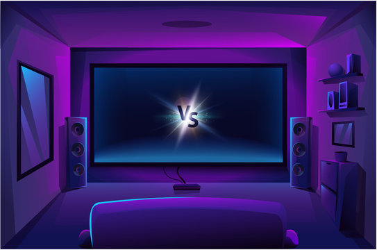 Home theater with big music speakers. Game room interior. Night apartment. Big TV screen. Vector illustration.
