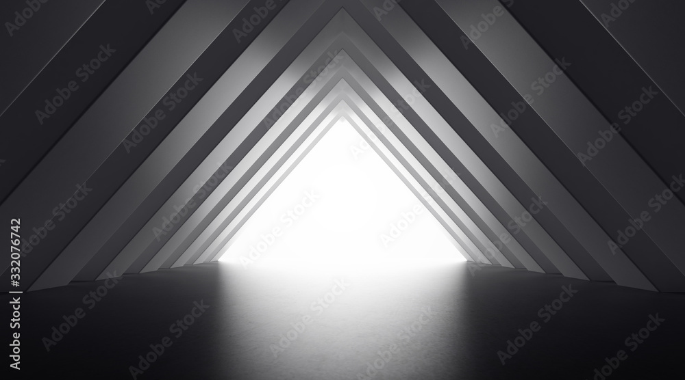 Poster abstract triangle shape of long tunnel, futuristic architectural space, geometric pattern,3d renderi