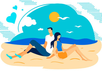 Happy Loving Couple Sit Back to Back on Sandy Beach or Seaside, Enjoying Summer Vacation. Love, Relations, Friendship. Pair Characters Spend Time on Sea Coast Resort Cartoon Flat Vector Illustration