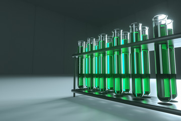 Obraz premium Many test tubes with green liquid inside. The concept of vaccine, technology, medicine, research. 3D rendering, 3D illustration, copy space.