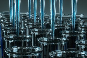 Scientific laboratory test tubes with blue liquid and laboratory test pipettes. The concept of vaccine, technology, medicine. 3D rendering, 3D illustration, copy space.
