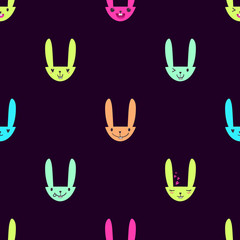 Fototapeta na wymiar Bright color seamless pattern with cute Easter bunny faces with happy and lovely emotions, hand-drawn rabbits with various expressions, EPS 10