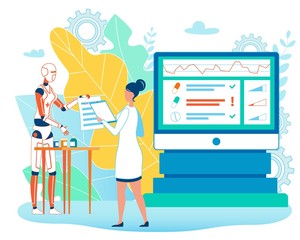 Drug Inventory, Futuristic Pharmacology. Medication Material Control and Accountability. Robotic Pharmacist and Doctor Discuss Presence and Essence Pills via Digital List. Vector Cartoon Illustration