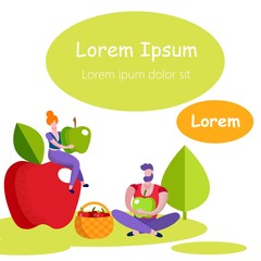 Man and Woman with Green Apples In Hands. Red Apples in Basket. Grow Organic Fruits. Vector Illustration. Organic Fruits. Produced by Natural Products. Man Sits in Lotus Position on Grass.