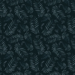 Fototapeta na wymiar indigo fern and moths branch blue indigo watercolor hand drawing seamless pattern