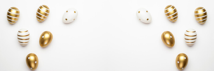 Happy Easter golden shine decorated eggs in basket isolated on white background. For greeting card, promotion, poster, flyer, web-banner, article.