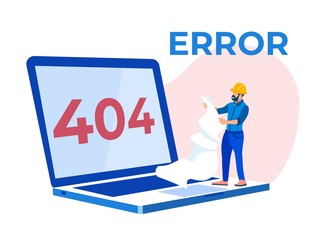 Access Error 404. Tiny Cartoon Man Technician Character in Helmet Holding Long Paper Sheet Check List. Male Specialist Standing on Huge Laptop and Repairing Lost Connection. Vector Flat Illustration