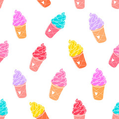 Seamless colorful cup ice cream pattern, hand-drawn summer background, ice-cream vector, EPS 8
