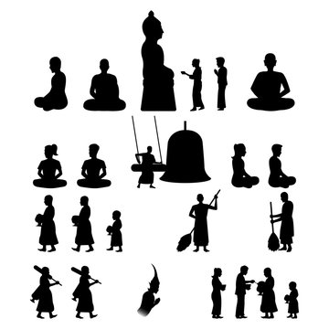 set of Buddha monk and Buddhism activities with black silhouette,vector illustration