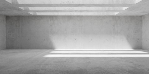 Abstract empty, modern concrete walls hallway room with ceiling light shadows and rough floor - industrial interior background template - obrazy, fototapety, plakaty