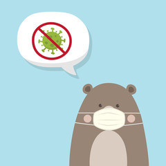 Cute Brown Bear wearing medical mask on sky blue background. Coronavirus (COVID-19) Vector Illustration.  Kawaii Teddy Bear.