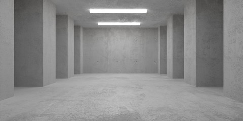 Abstract empty, modern concrete room with lighting from ceiling and side pillars and rough floor - industrial interior background template