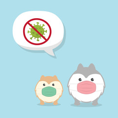 Cute Fluffy Dogs wearing medical mask. Coronavirus (COVID-19) Vector Illustration.  Kawaii Pomeranian  Cartoon Character.