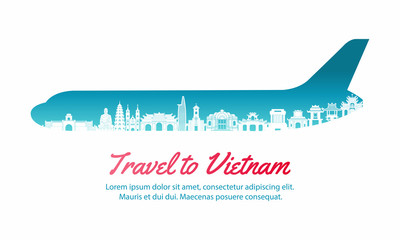 vietnam landmarks inside with plane shape in concept art by silhouette style,vector illustration