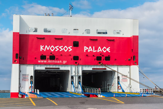 Heraklion, Greece - November 2, 2017: View on interior of empty ferry &laquo;Knoss Palace&raquo; awaiting loading at the port on a sunny autumn day, Heraklion, Crete, Greece.