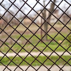 view of the landscape through an iron mesh