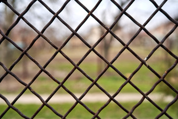 Fototapeta premium view of the landscape through an iron mesh