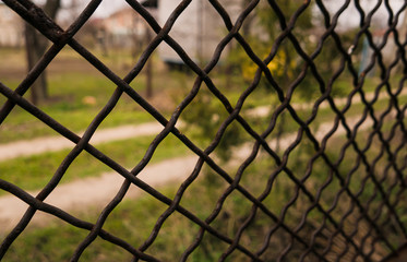 view of the landscape through an iron mesh