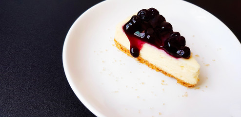 Piece of blueberry cheesecake on white dish or plate with copy space on left. Sweet dessert and Homemade food