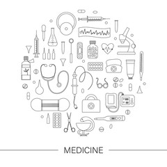 Vector round frame with medical equipment and tools outlines. Medicine line elements banner design framed in circle. Cute funny health care, check or research card template..