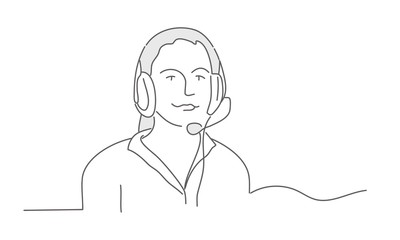 Woman working in call center. Line drawing vector illustration.