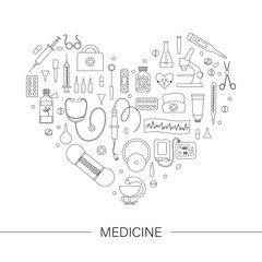 Fototapeta na wymiar Vector frame with medical equipment and tools outlines. Medicine line elements banner design framed in heart shape. Cute funny health care, check or research card template..