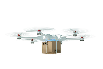 Fototapeta na wymiar White flying drone with a cardboard box isolated on a white background. drone for delivery. The concept of fast delivery, technology. 3D rendering, 3D illustration, copy space.
