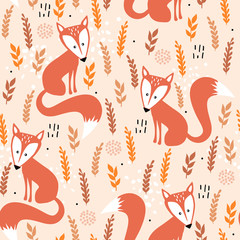 Colorful seamless pattern with foxes, leaves. Decorative cute wallpaper, good for printing. Overlapping background vector. Backdrop with animals