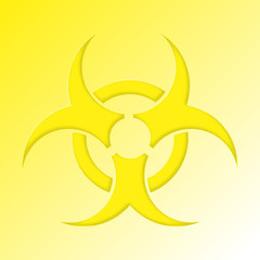 Warning sign of virus pandemia. Biohazard icon. Biohazard yellow symbol. Paper cut style background of pandemic coronavirus or covid- 19. Vector illustration.
