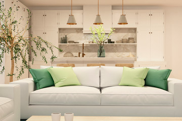 Modern house interior kitchen with living room design. 3D Render	