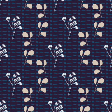 Rows of plants on textured dark indigo background seamless vector pattern. Botanical surface print design. For fabrics, stationery and packaging.