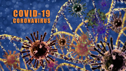Illustration of corona viruses, covid-19 with DNA on blue particles background.