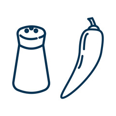 Salt shaker and chilli pepper. Thin line vector outline icon of a container for salt or pepper seasoning and fresh ripe pepper on a white background isolated with editable stroke.