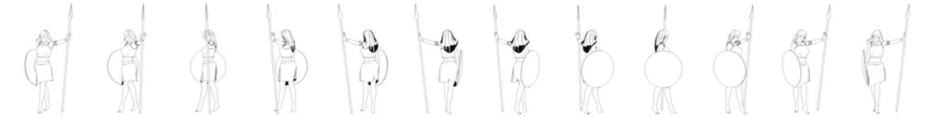 warrior woman character, 3D illustration, sketch, outline