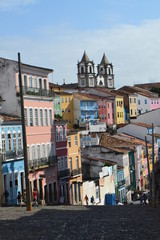 Fototapeta na wymiar Colorful buildings in Pelourinho neighborhood, Salvador historical city, in Bahia state of Brazil