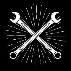 Vector illustration with crossed wrench and divergent rays. Used for poster, banner, web, t-shirt print, bag print, badges, flyer, logo design and more.
