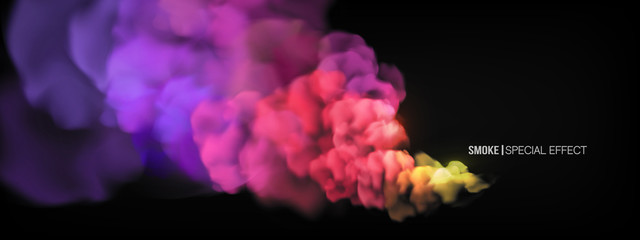 Realistic multi-colored smoke on a black background. Colored smoke bombs. isolated fog or smoke, transparent special effect. Bright magic cloud, fog or smog. Abstract illustration for the design