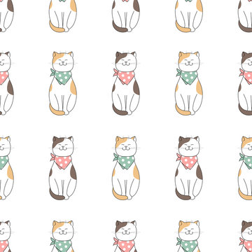 Hand drawn seamless background cute cat on white. Doodle cartoon design. 