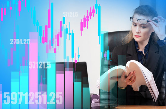 The girl reads the documents with amazement against the background of falling stock prices. Incorrect stock forecasts. Sharp changes in exchange rates. Stock news.